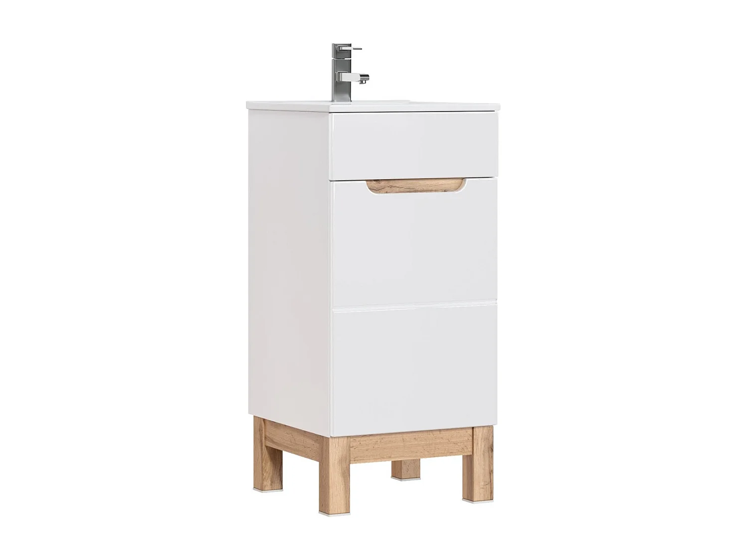 Meubel onder wastafel ERMANO – Licht eiken en glanzend wit – 40x84 cm – 1 deur – Staand