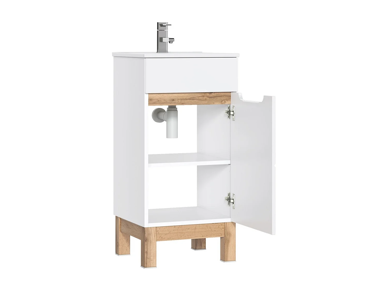 Meubel onder wastafel ERMANO – Licht eiken en glanzend wit – 40x84 cm – 1 deur – Staand