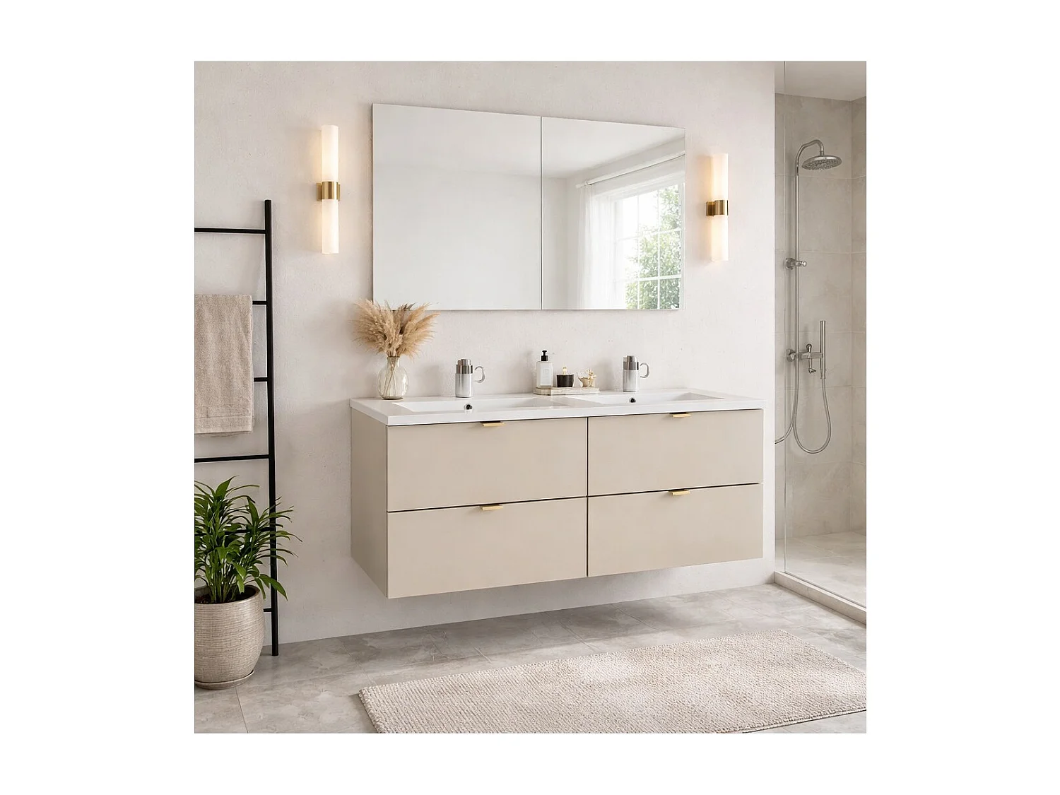 Ensemble de salle de bain BELLA : meubles sous vasque 120cm + double vasque encastrée rectangulaire