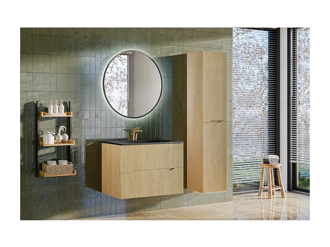 Mobile sottolavabo NATURA – 2 cassetti – Rovere chiaro – L80 × P45 × H57 cm – Da appendere