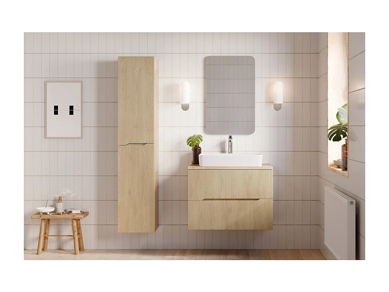 Mobile sottolavabo NATURA – 2 cassetti – Rovere chiaro – L80 × P45 × H57 cm – Da appendere
