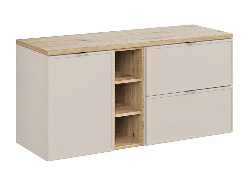 Ensemble BRAZZA : meubles sous vasque à tiroirs 120cm avec panier à linge et niches visibles + plan pour vasque aspect bois