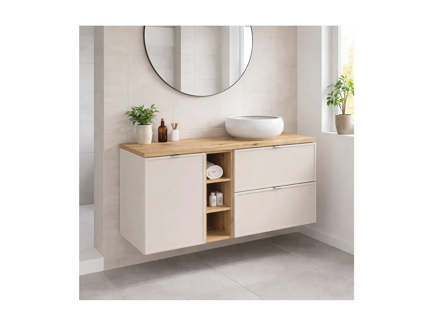 Ensemble BRAZZA : meubles sous vasque à tiroirs 120cm avec panier à linge et niches visibles + plan pour vasque aspect bois