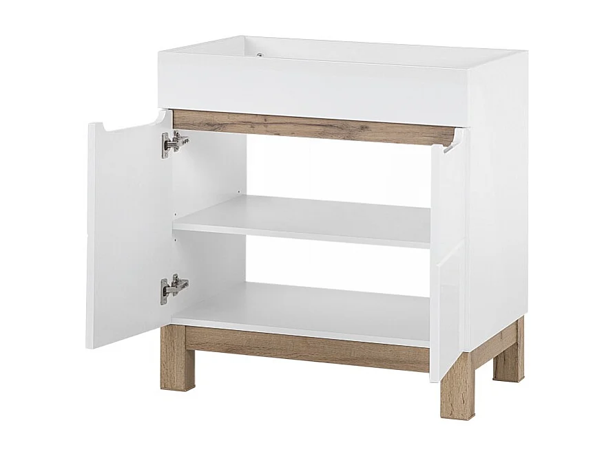 Mueble bajo lavabo ERMANO - Roble claro y blanco brillante - 80x84 cm - 1 puerta - Para colocar