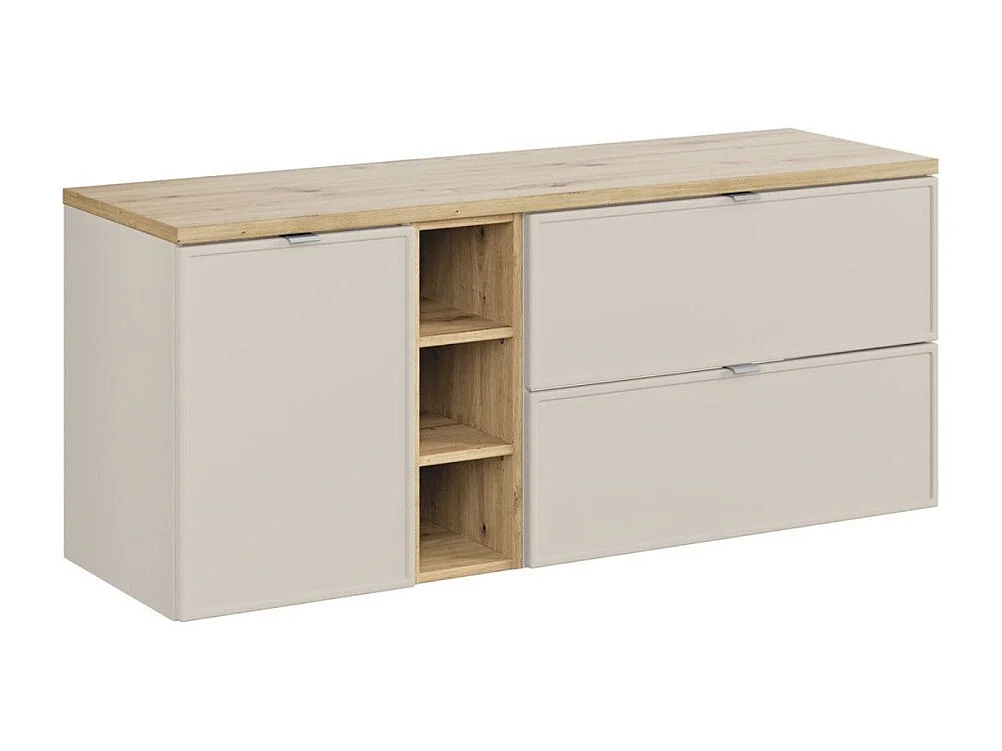 Ensemble BRAZZA : meubles sous vasque à tiroirs 140cm avec panier à linge et niches visibles + plan pour vasque aspect bois