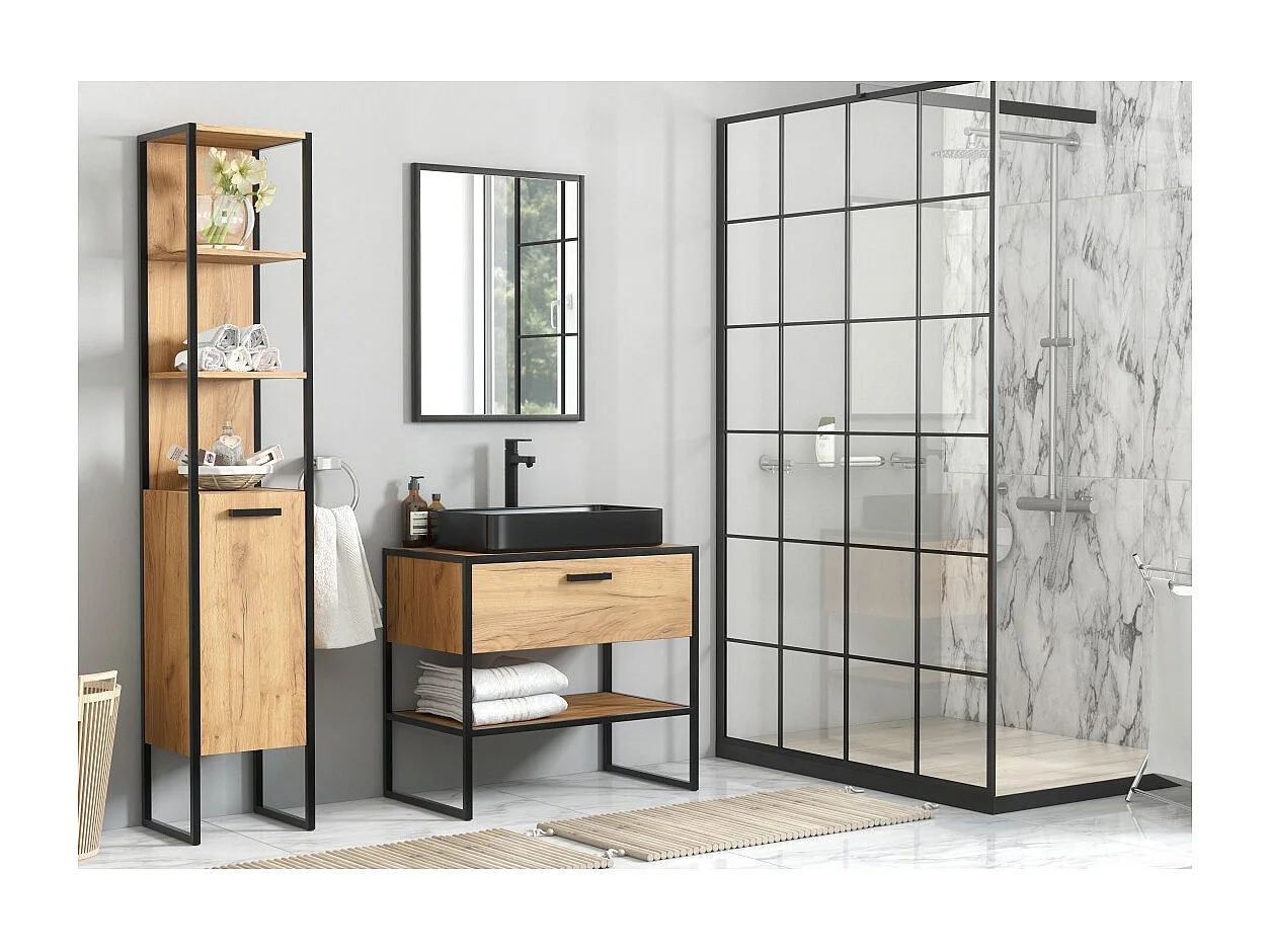 Mobile sottolavabo ONIL – 2 porte – Rovere chiaro e nero – Stile industriale – L90 cm