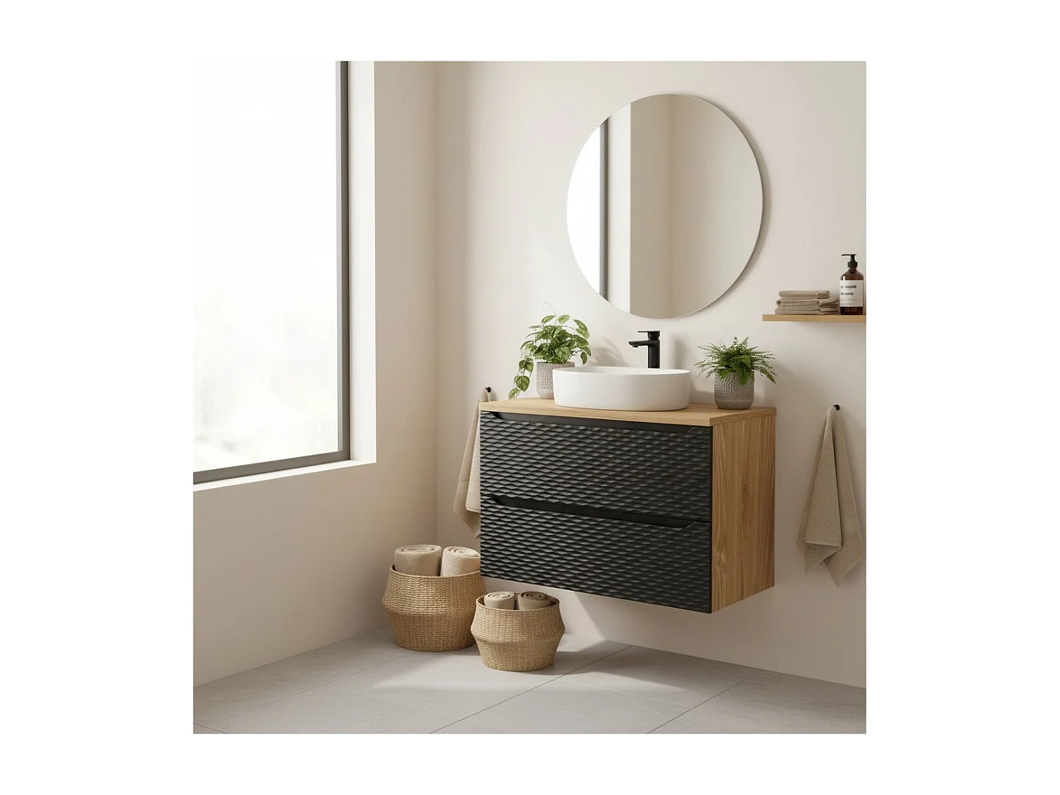 Ensemble de salle de bain YOKA noir : meuble sous vasque à tiroirs 60 cm + plan vasque