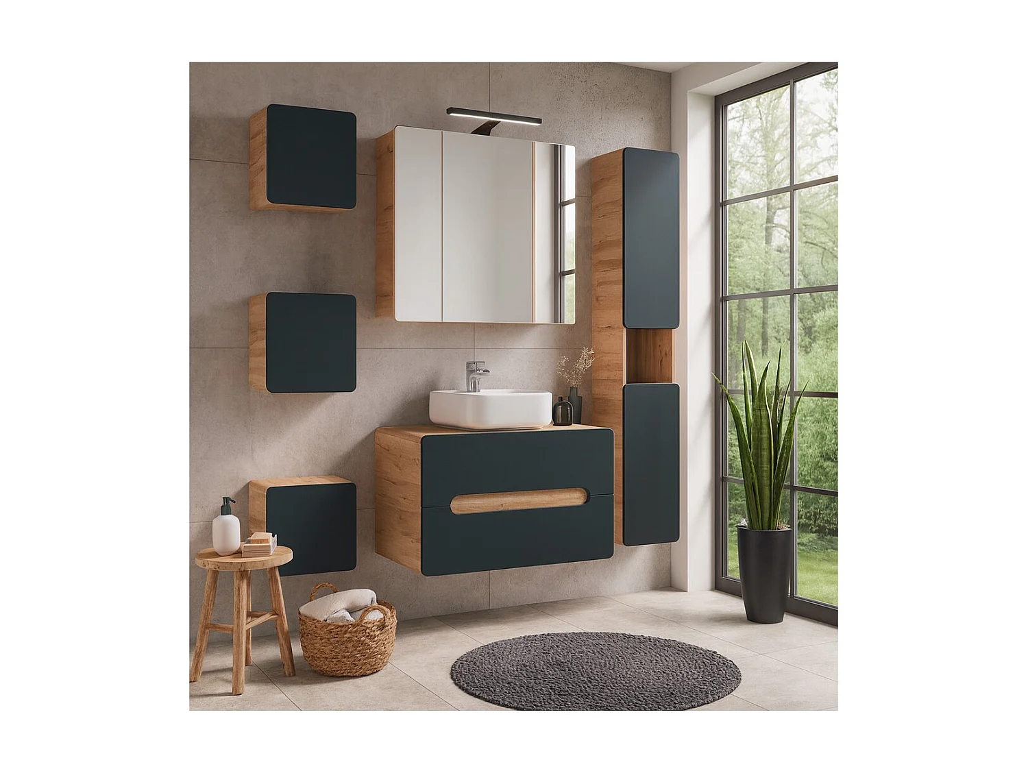 Mobile sottolavabo ERBANO – 2 cassetti – 80 cm – Rovere chiaro e grigio antracite – Design sospeso