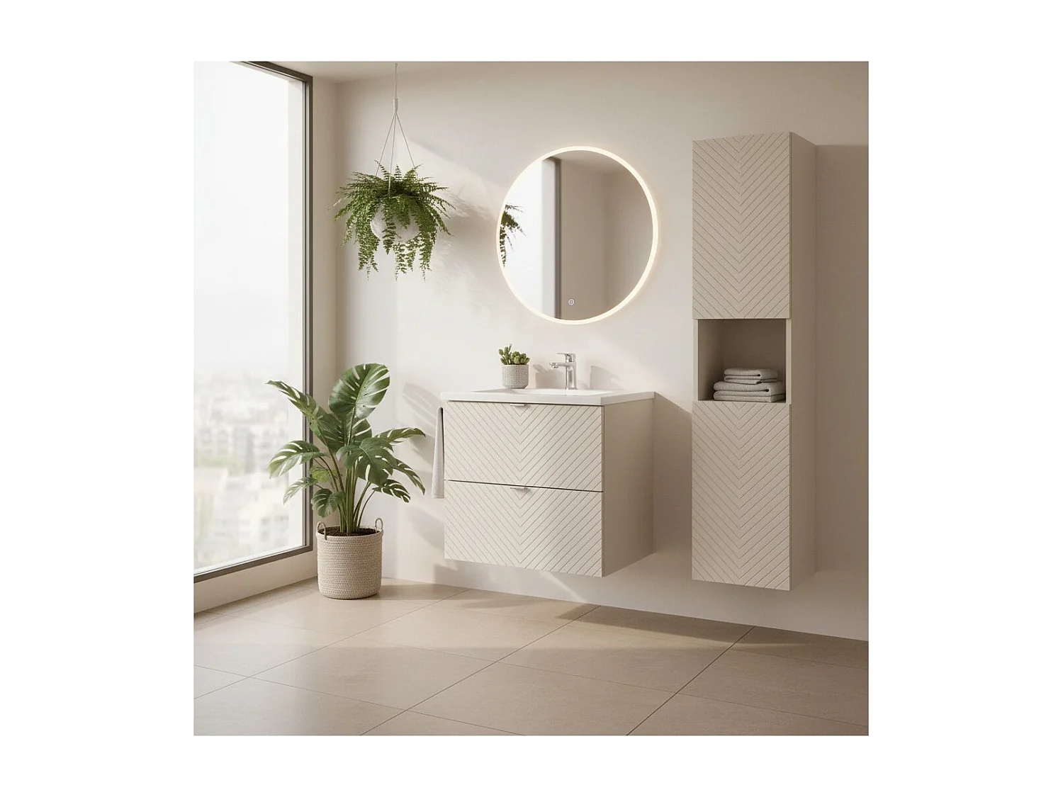 Meuble sous vasque AOKI – 2 tiroirs – Finition beige cachemire à motifs chevron et poignées dorées – L60 × P39 × H57 cm – À susp