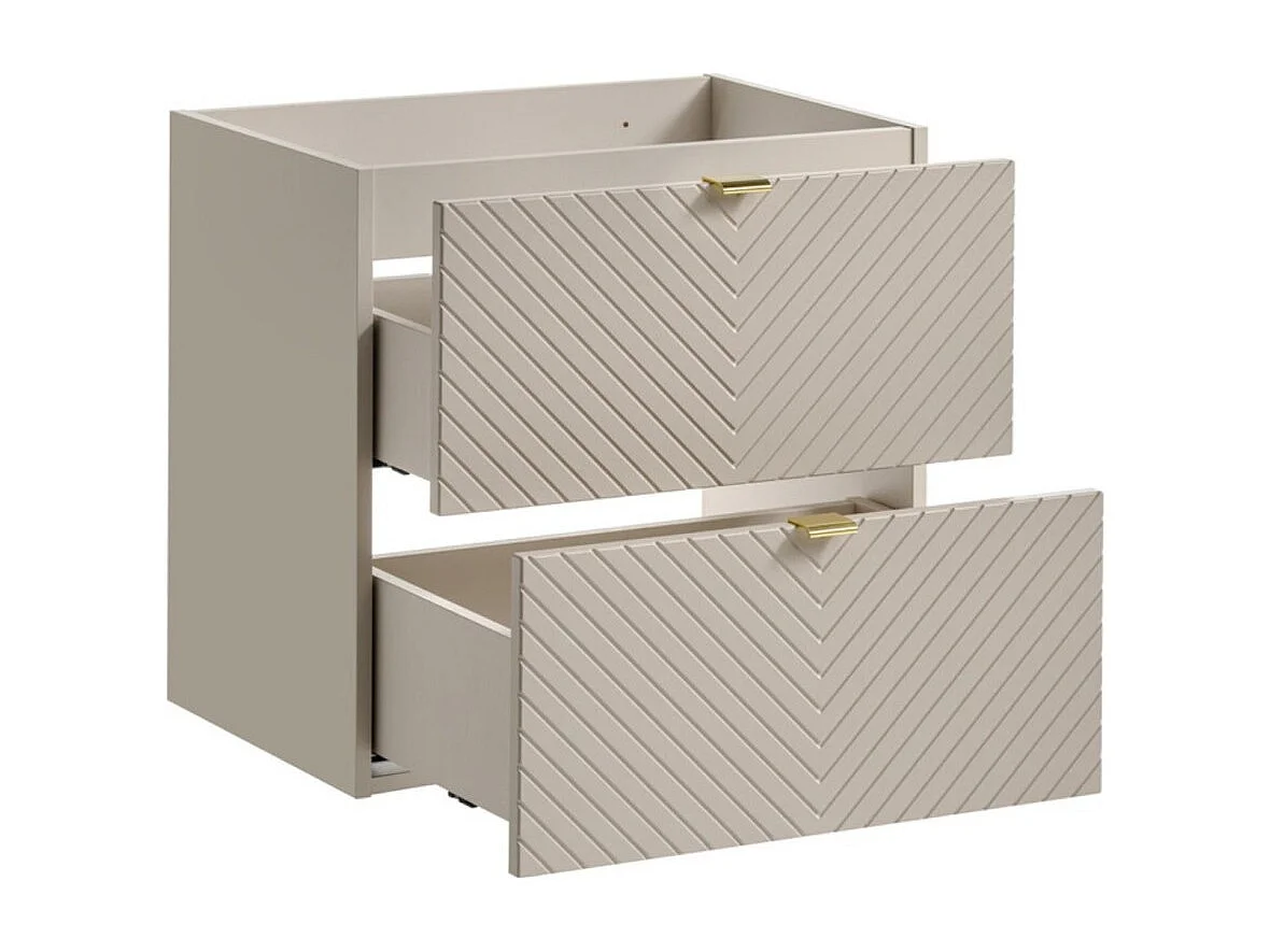Meuble sous vasque AOKI – 2 tiroirs – Finition beige cachemire à motifs chevron et poignées dorées – L60 × P39 × H57 cm – À susp