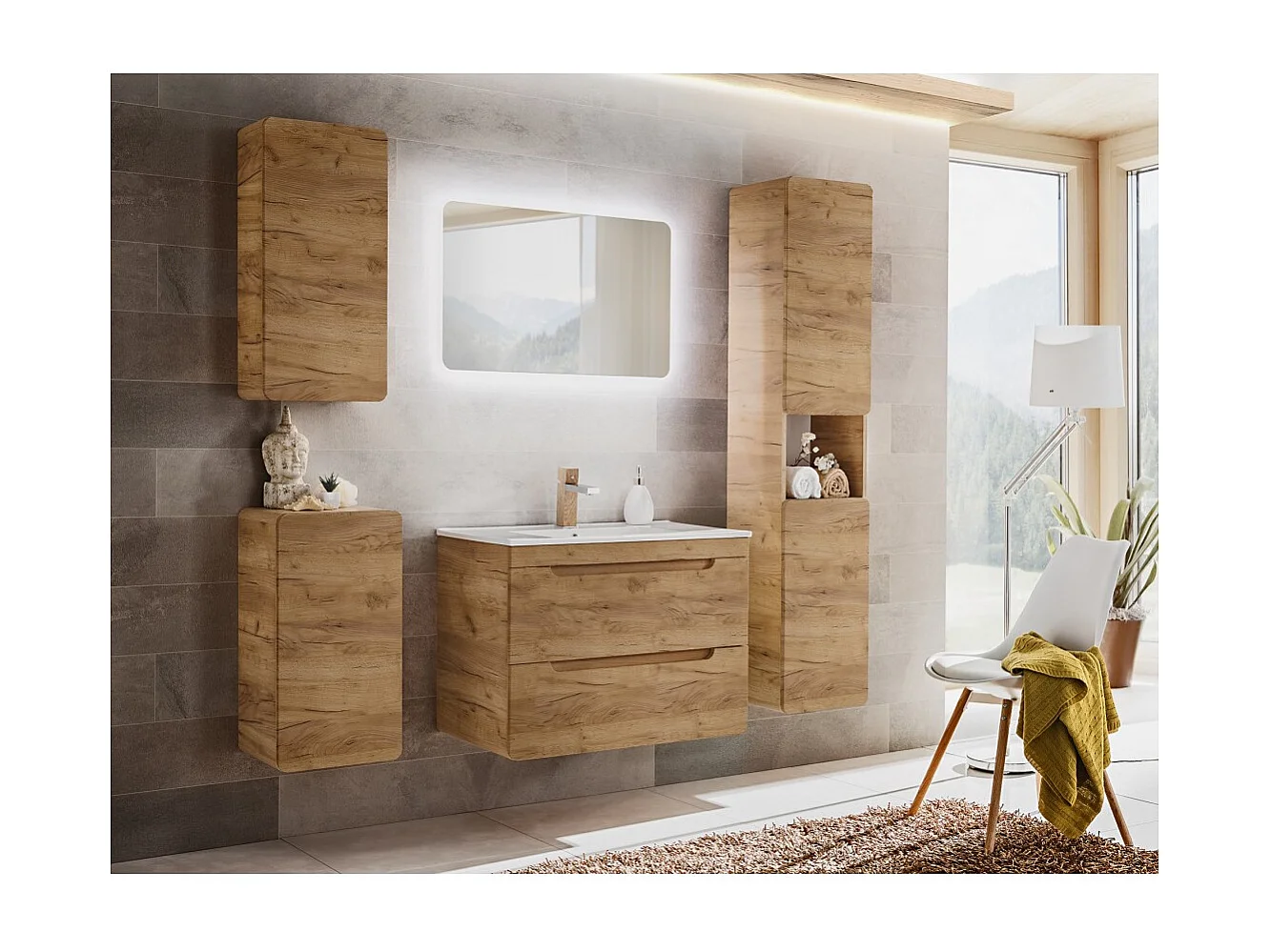 Meuble sous vasque ERBANO – 2 tiroirs – 80 cm – Coloris chêne clair – Design suspendu contemporain