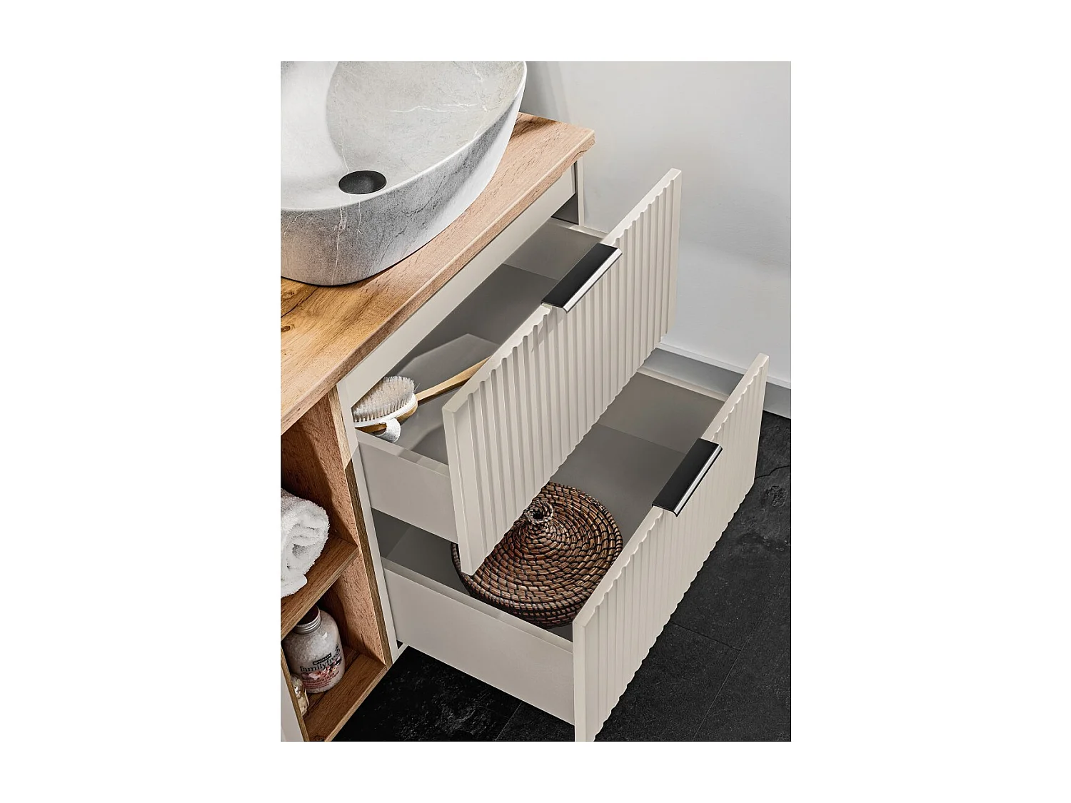 Mueble bajo lavabo NOXERA – 80 cm – 2 cajones – Beige mate – Acabados de alta gama suspendidos