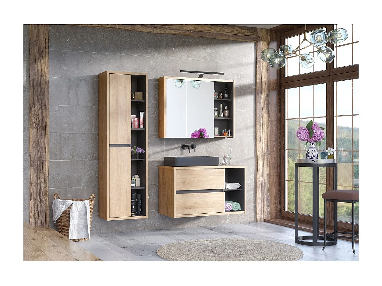 Meuble sous vasque MATT 100 cm – Chêne clair et gris anthracite – Design suspendu moderne