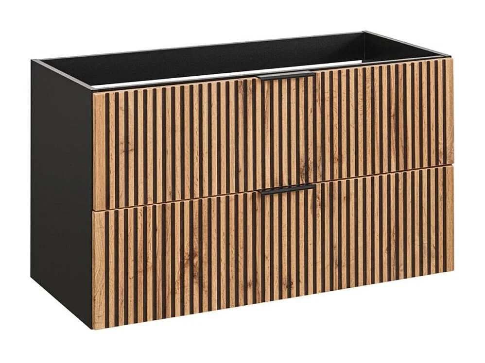 Mueble bajo lavabo KINOKO – 2 cajones – Acabado en láminas de madera natural y negro – L100 × P46 × H57 cm – Para colgar