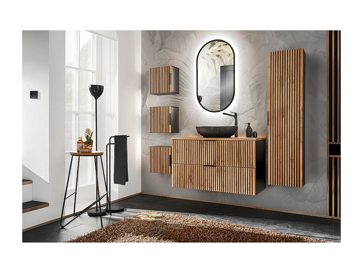 Mueble bajo lavabo KINOKO – 2 cajones – Acabado en láminas de madera natural y negro – L100 × P46 × H57 cm – Para colgar