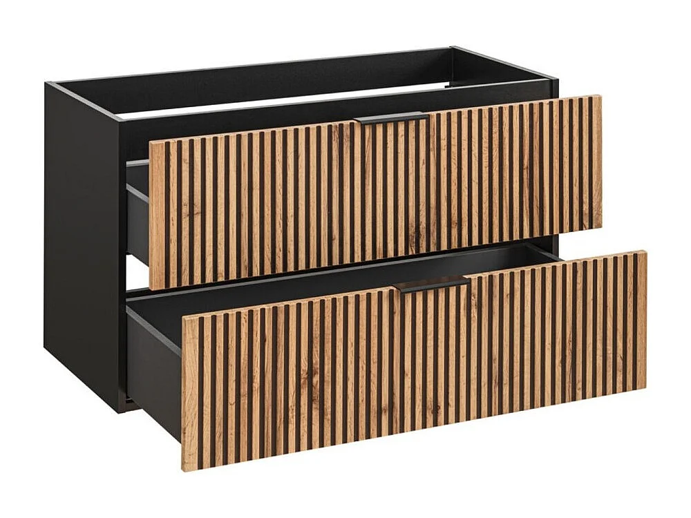 Mueble bajo lavabo KINOKO – 2 cajones – Acabado en láminas de madera natural y negro – L100 × P46 × H57 cm – Para colgar