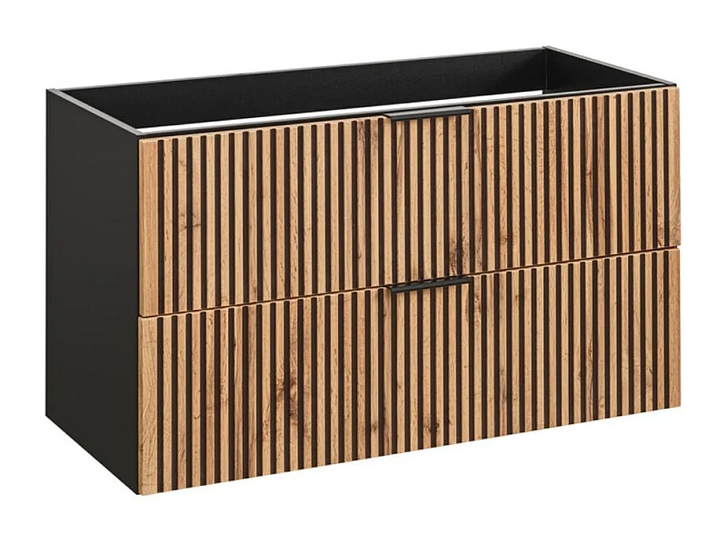 Mueble bajo lavabo KINOKO – 2 cajones – Acabado en láminas de madera natural y negro – L100 × P46 × H57 cm – Para colgar