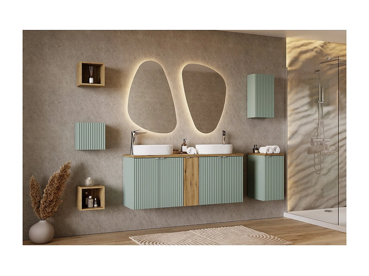 Meuble sous vasque ELVINA – 60 cm – 2 placards – Coloris vert sauge pastel – Meuble suspendu