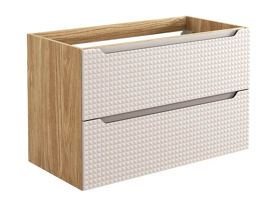 Mueble bajo lavabo VELNIA – 2 cajones – 90 cm – Color roble claro y beige – Para colgar