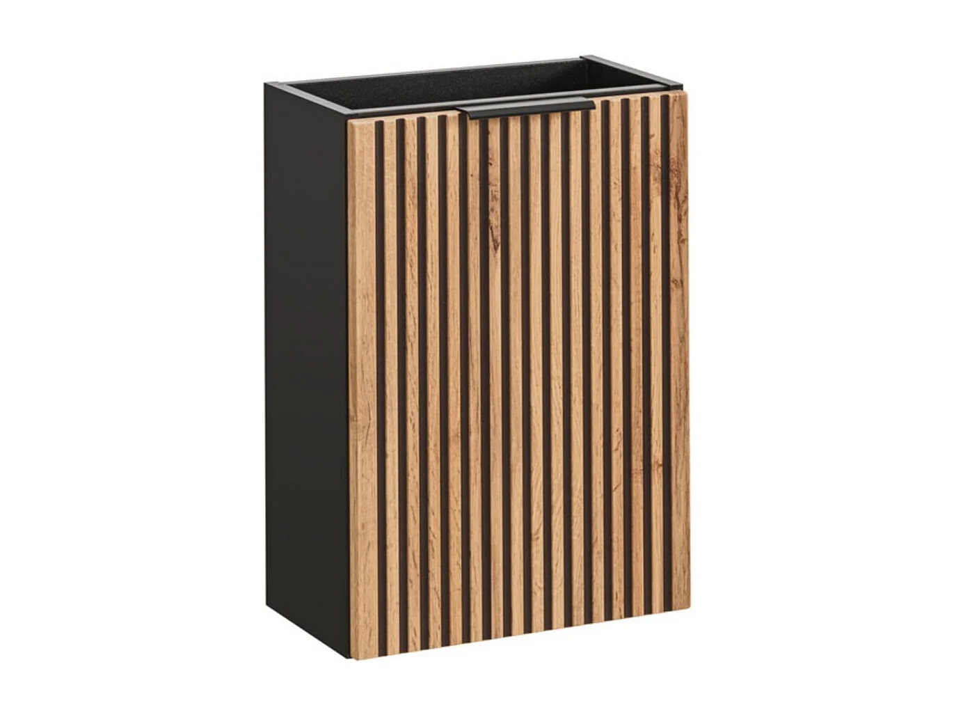 Petit meuble sous vasque KINOKO – 1 porte – Finition lattes bois naturel et noir – L40 × P22 × H57 cm – À suspendre
