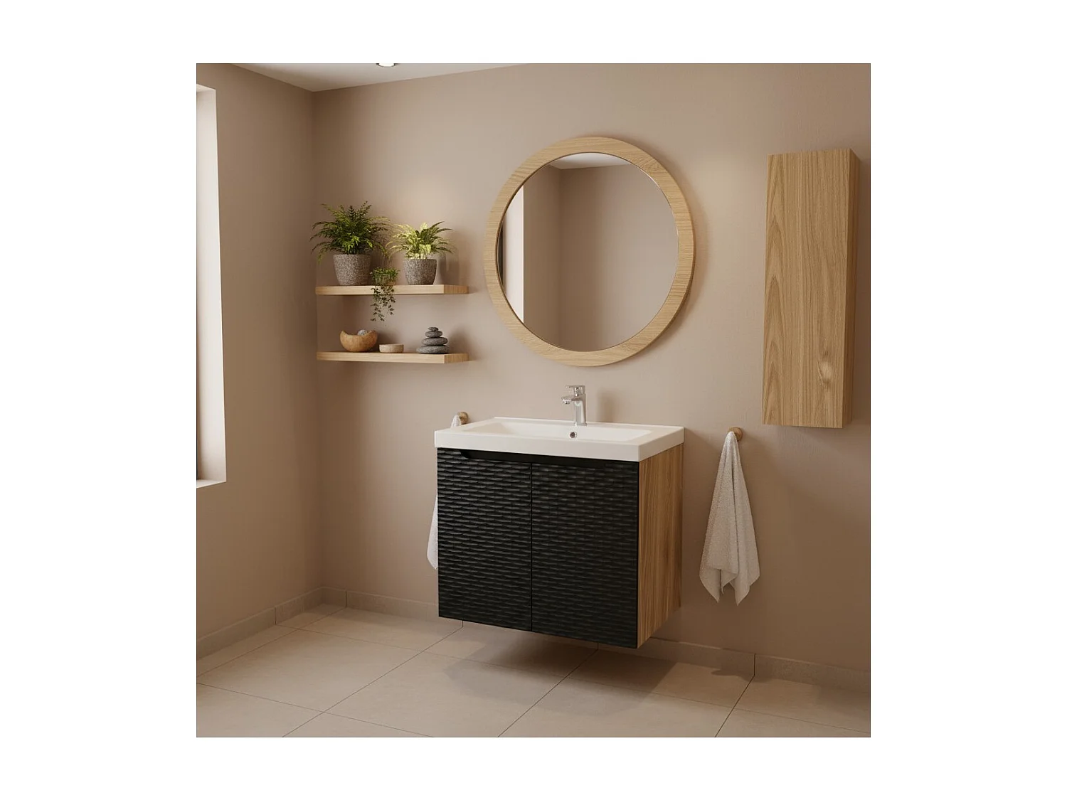 Meubel onder wastafel YOKA – Licht eiken en zwart – L60 × B46 × H57 cm – Om op te hangen