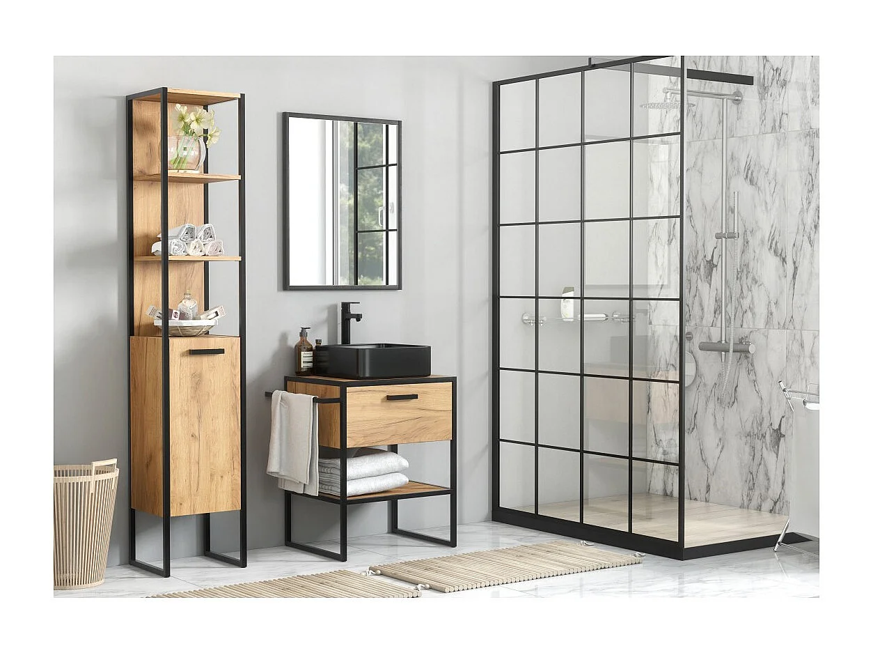Mobile sottolavabo ONIL – 2 porte – Rovere chiaro e nero – Stile industriale – L70 cm