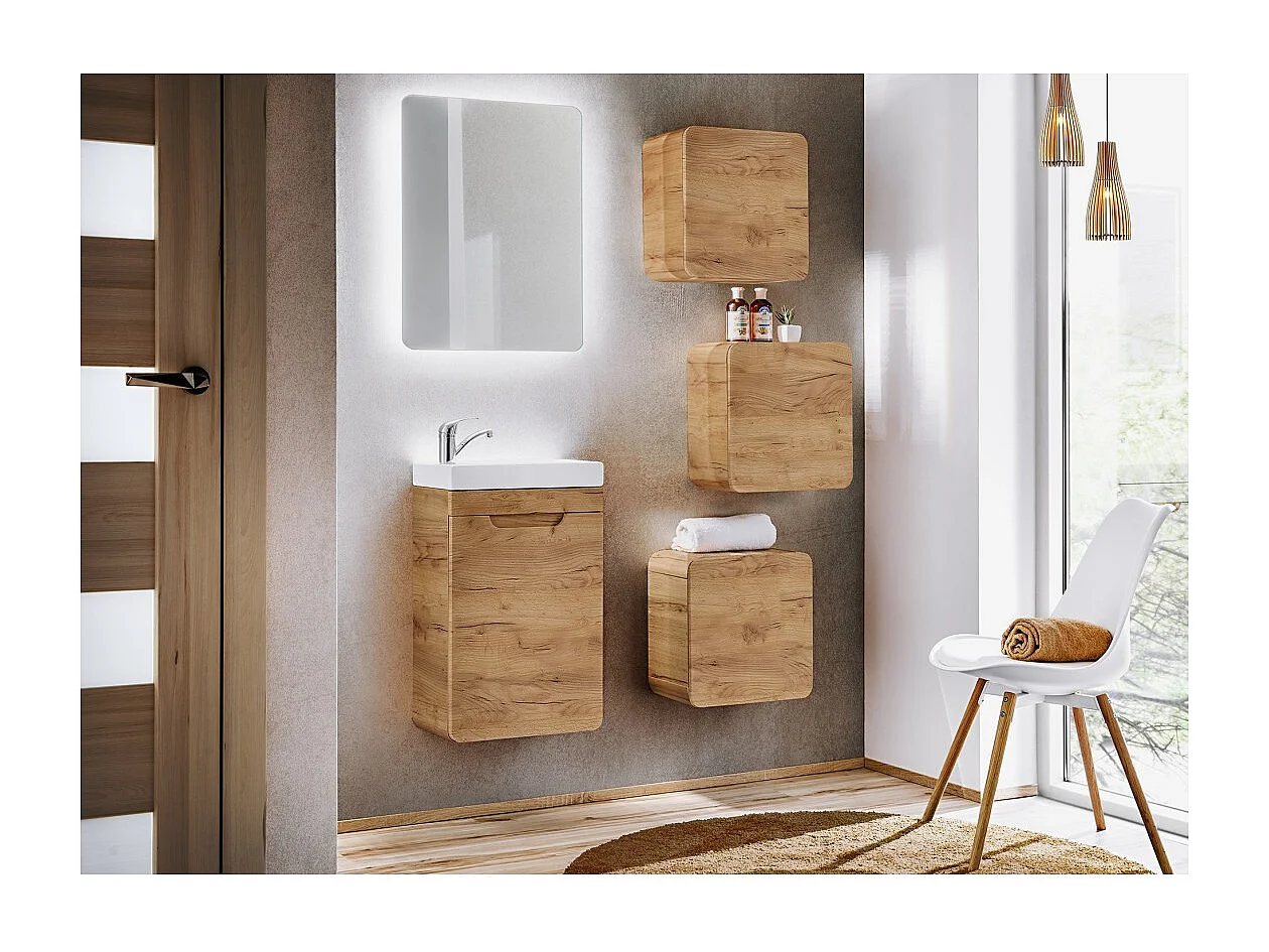 Meuble sous vasque ERBANO – 1 porte – 40 cm – Coloris chêne clair – Design suspendu compact