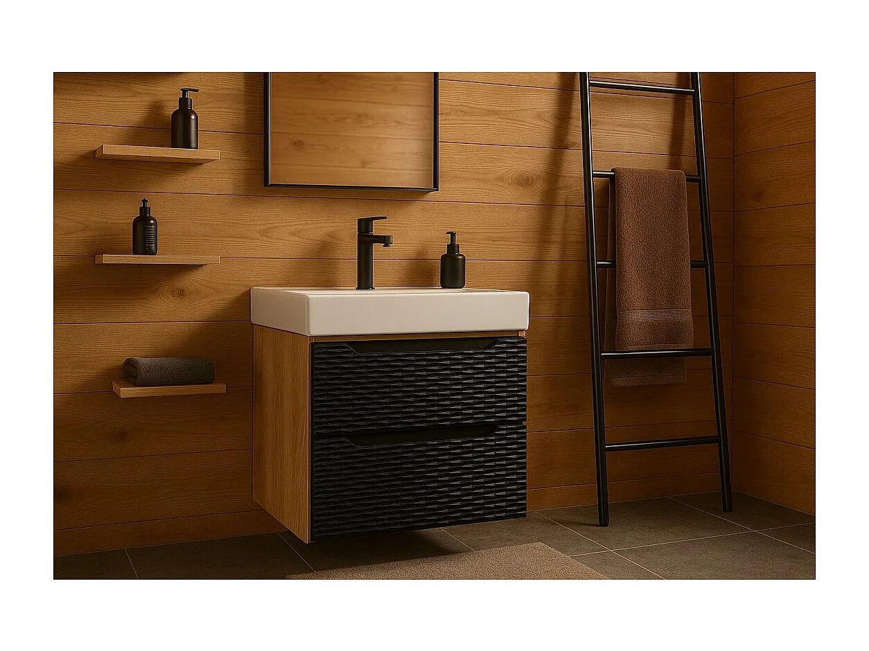 Meubel onder wastafel YOKA - 2 laden - Licht eiken en zwart - L60 × B46 × H57 cm - Om op te hangen