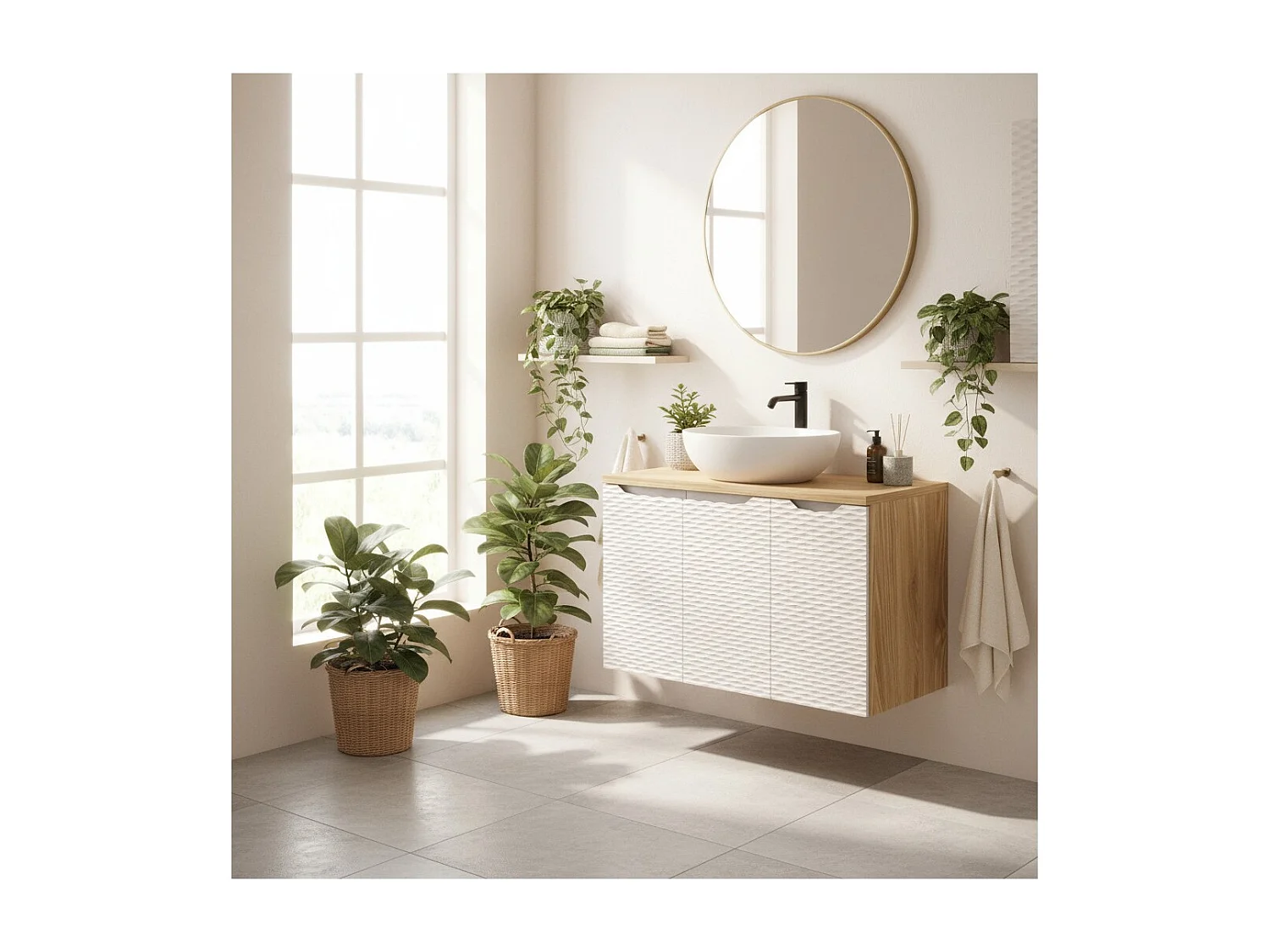 Ensemble de salle de bain YOKA beige : meuble sous vasque à placards 90 cm + plan vasque