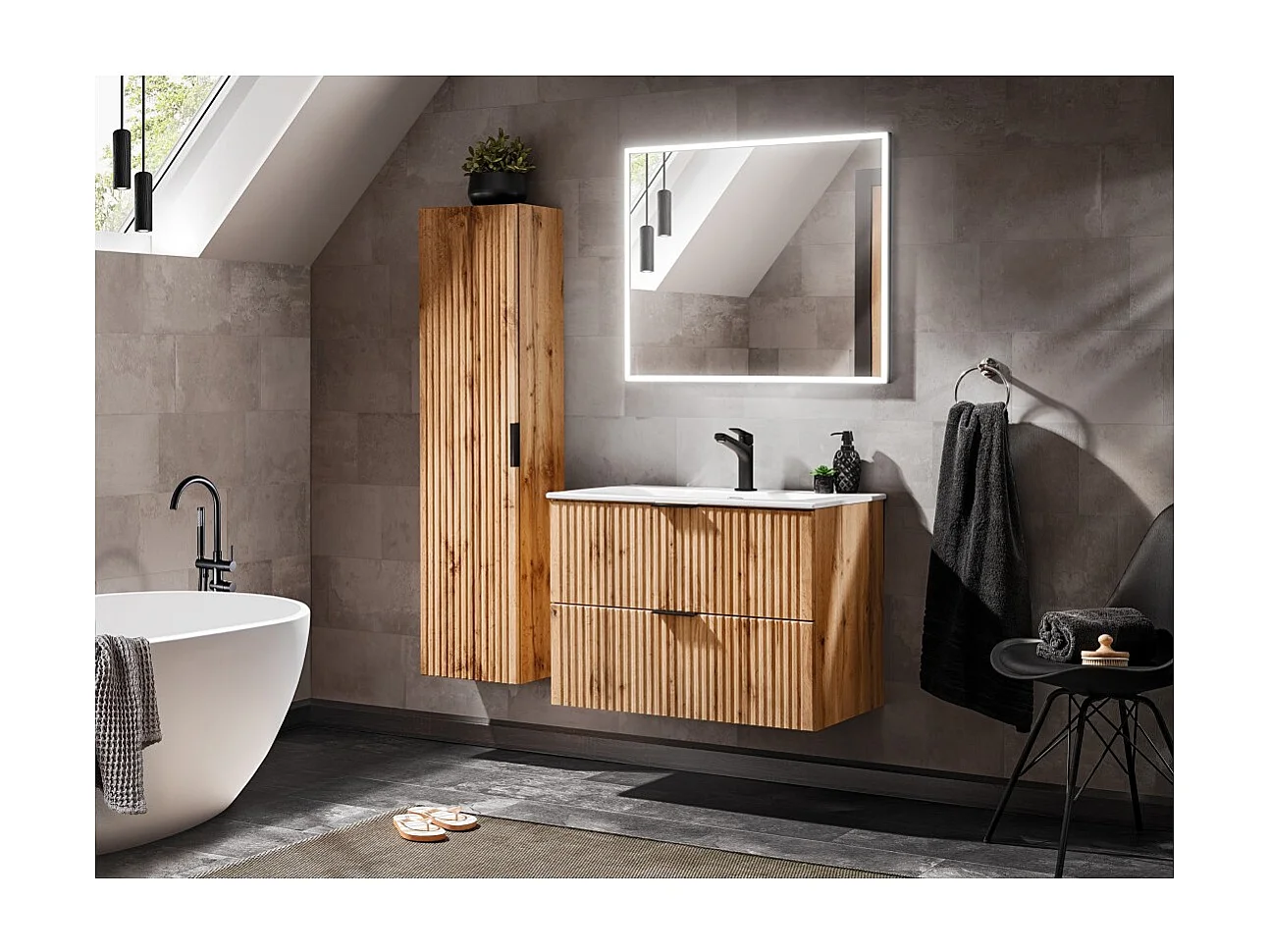 Mobile sottolavabo NOXERA – 80 cm – 2 cassetti – Colore rovere wotan – Mobile sospeso elegante