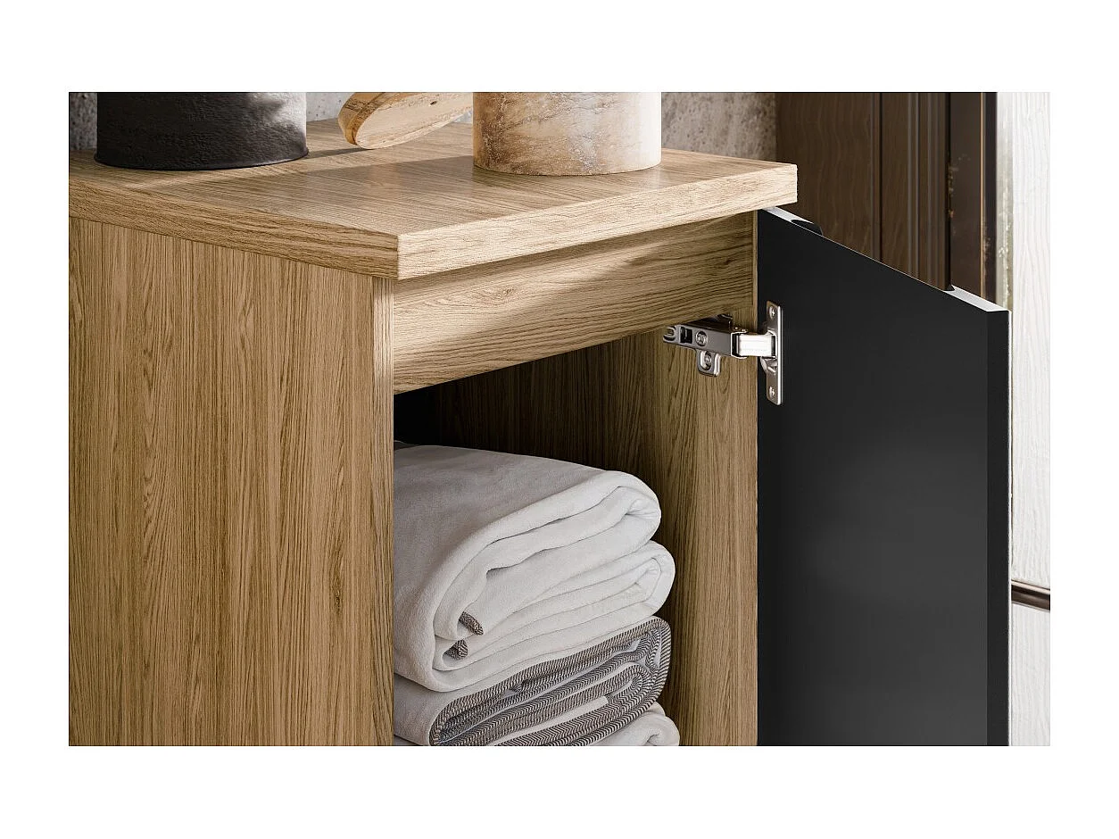 Meuble sous vasque VELNIA – 1 porte – 30 cm – Coloris chêne clair et noir – À suspendre