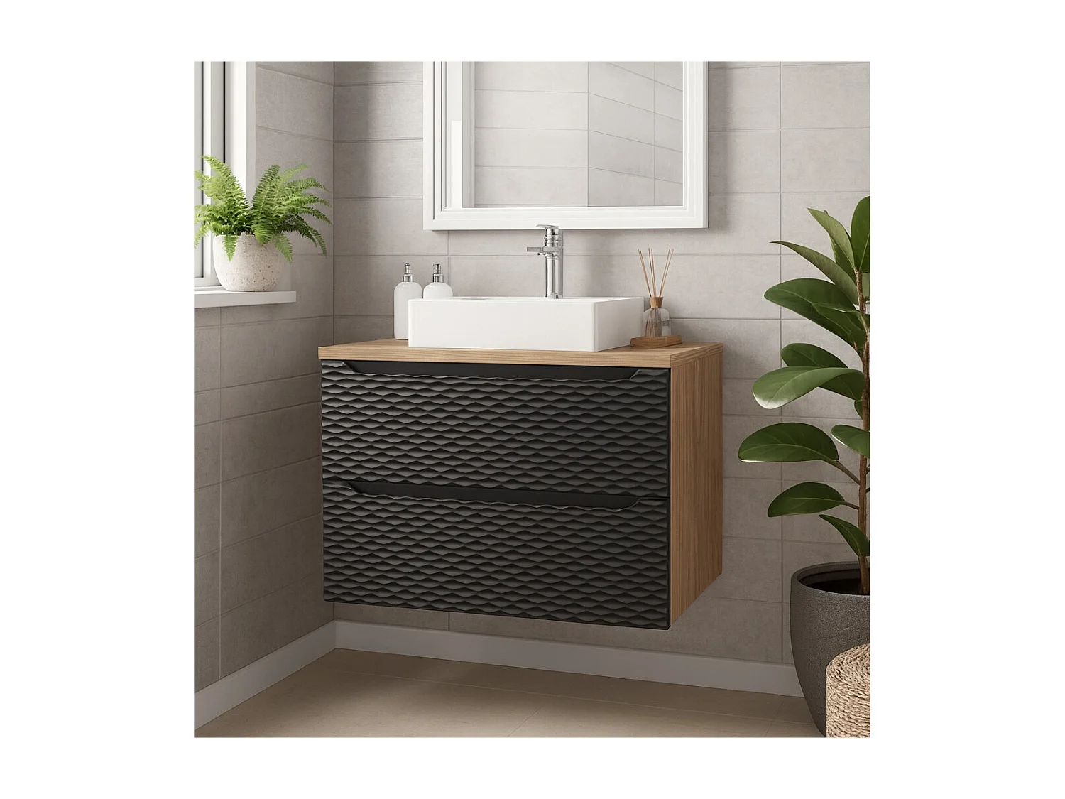 Ensemble de salle de bain YOKA noir : meuble sous vasque à tiroirs 80cm + plan vasque