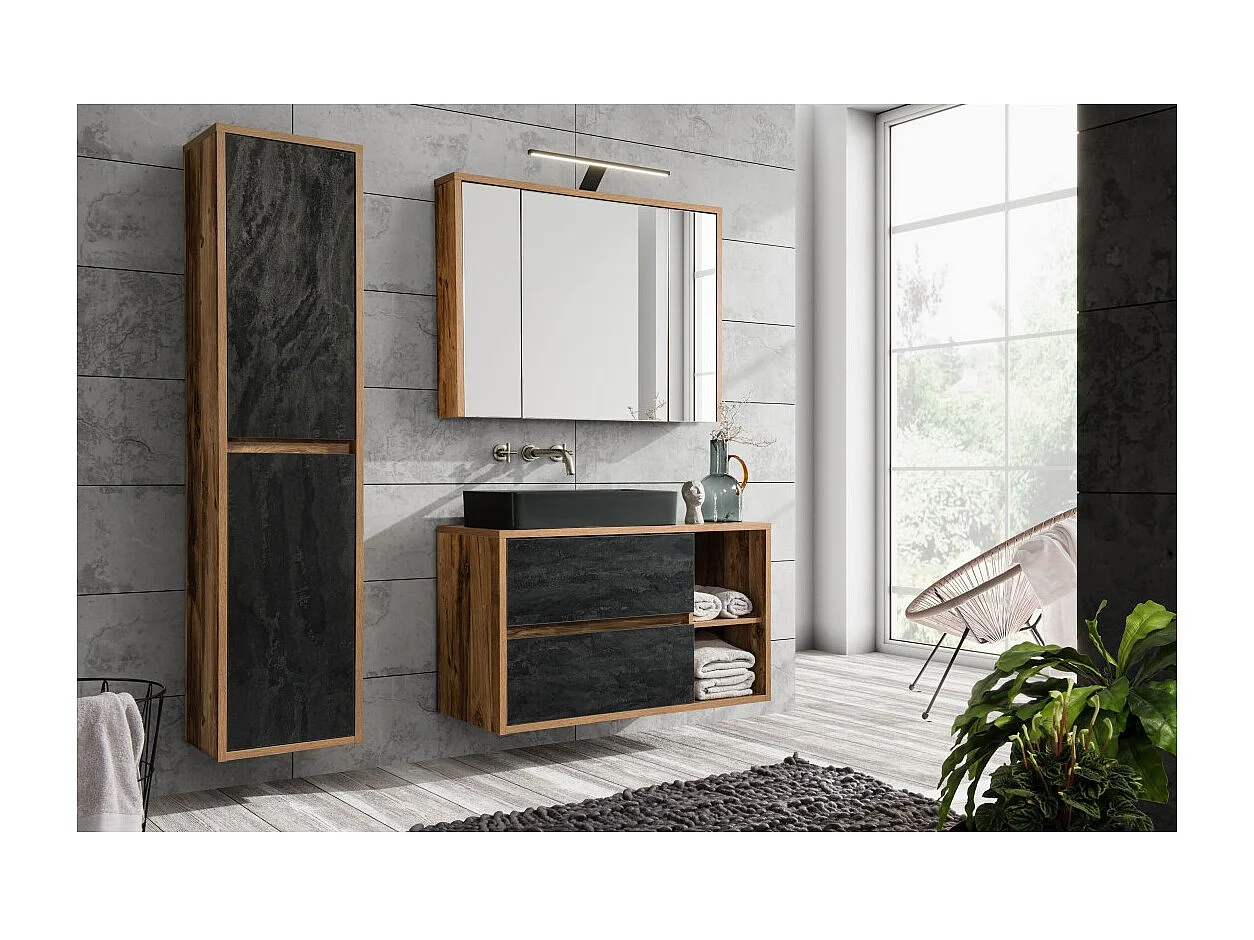 Mobile sospeso per lavabo GABI 100 cm – Finitura in ardesia e legno scuro – Stile rustico