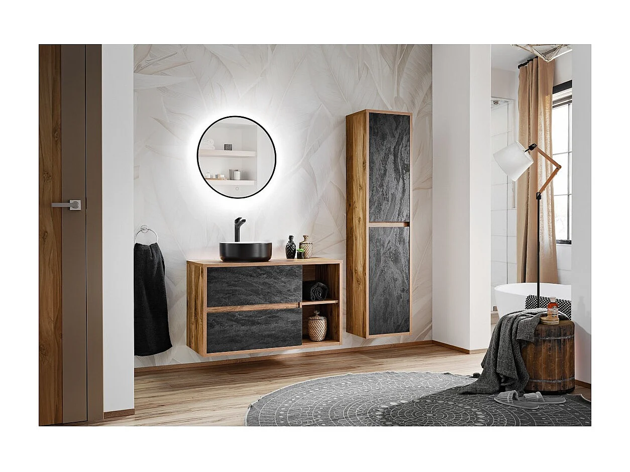 Mobile sospeso per lavabo GABI 100 cm – Finitura in ardesia e legno scuro – Stile rustico