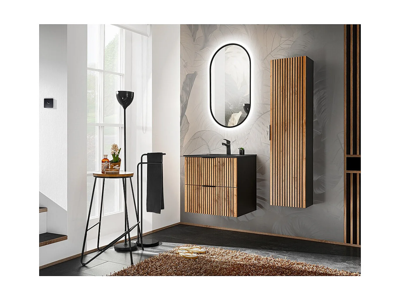 Mueble bajo lavabo KINOKO – 2 cajones – Acabado en láminas de madera natural y negro – L80 × P46 × H57 cm – Para colgar