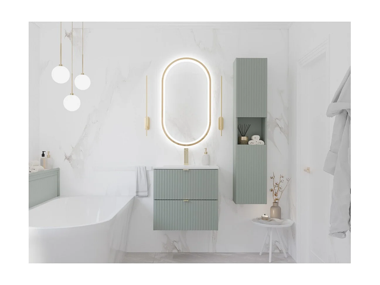 Meuble sous vasque ELVINA – 60 cm – 2 tiroirs – Vert sauge pastel – Meuble suspendu