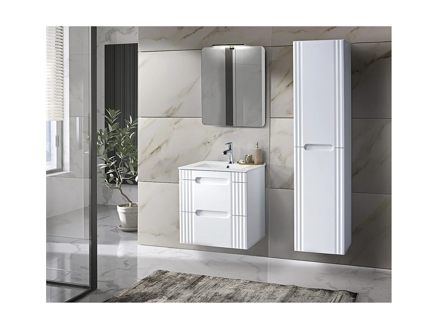 Meubel onder wastafel FIDJI 60 cm - Alpenwit glanzend - 2 laden - Muurbevestiging of op de vloer