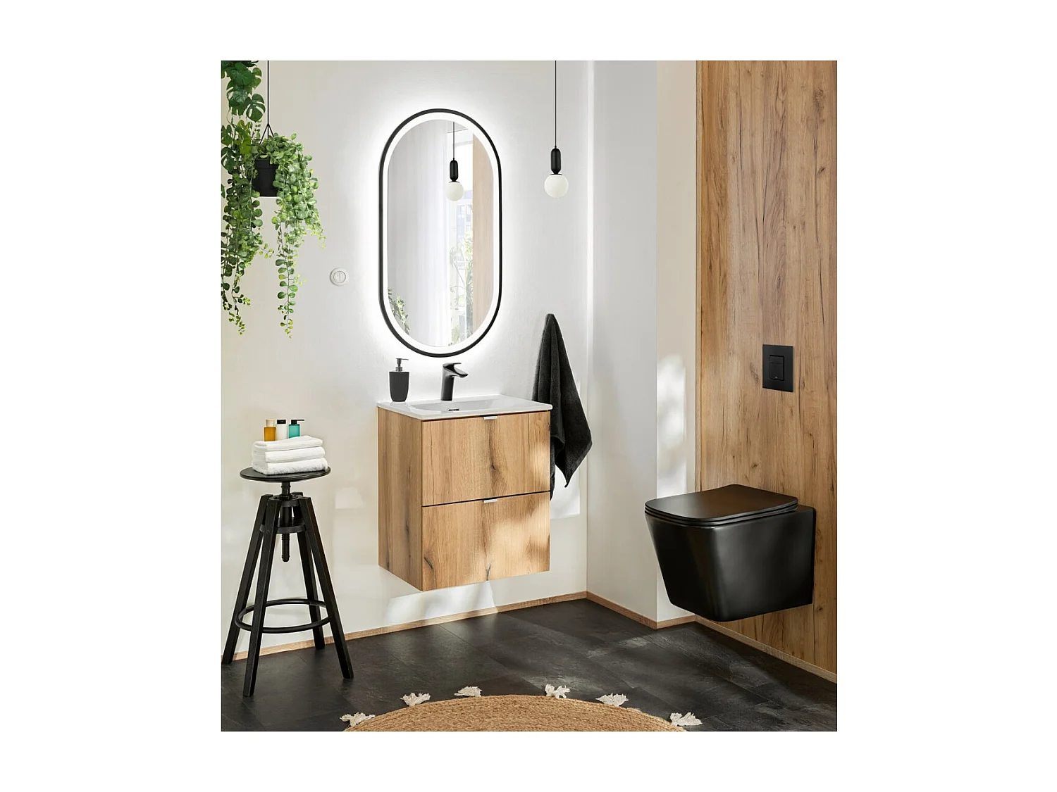 Meuble sous vasque VANO – 2 tiroirs – Coloris chêne – L50 × P57 × H39 cm – À suspendre