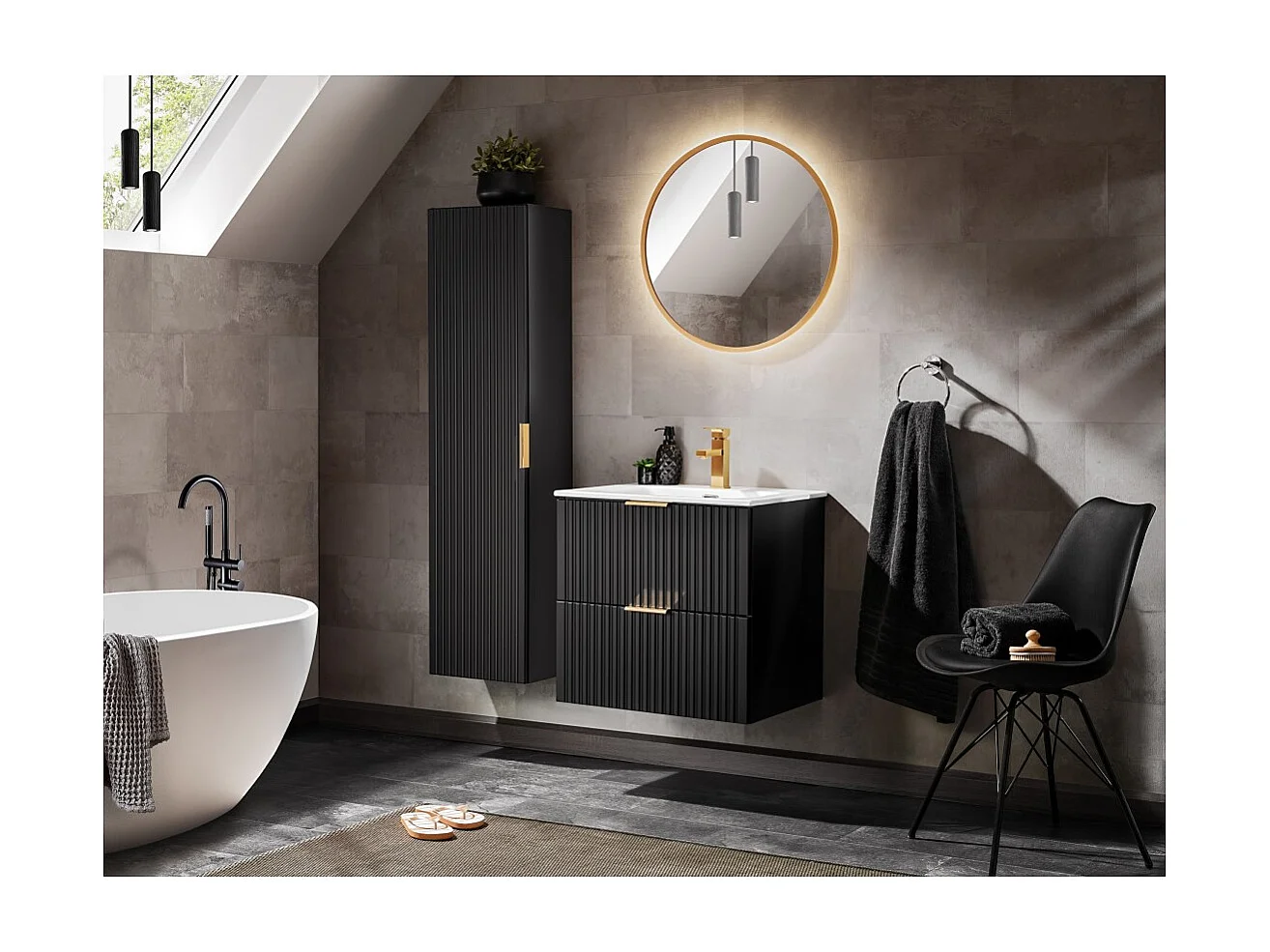 Meuble sous vasque NOXERA – 60 cm – 2 tiroirs – Noir mat – Design rainuré suspendu