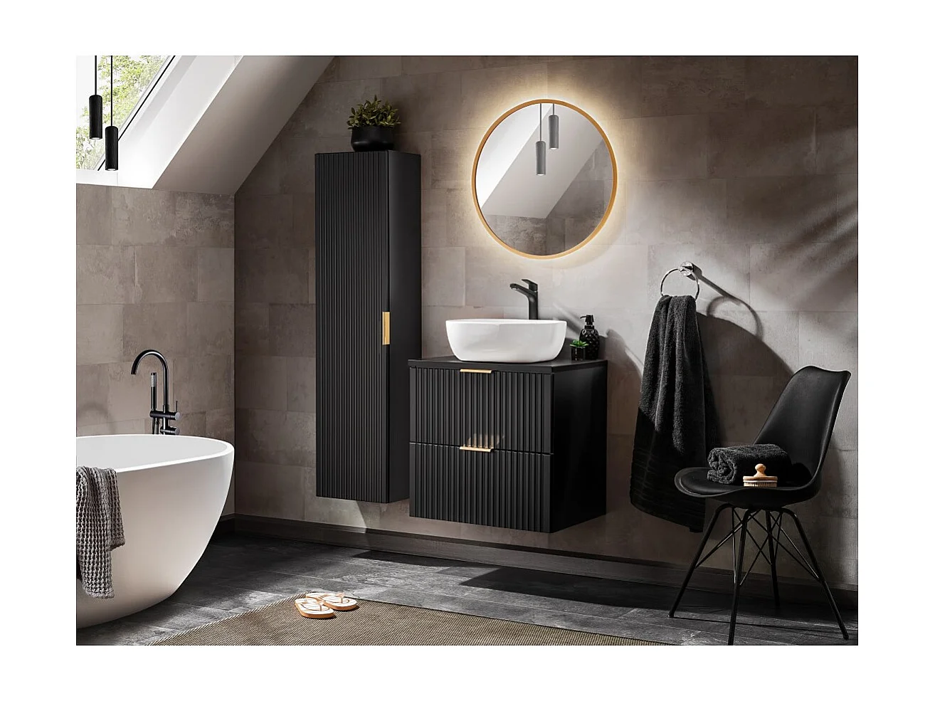 Meuble sous vasque NOXERA – 60 cm – 2 tiroirs – Noir mat – Design rainuré suspendu