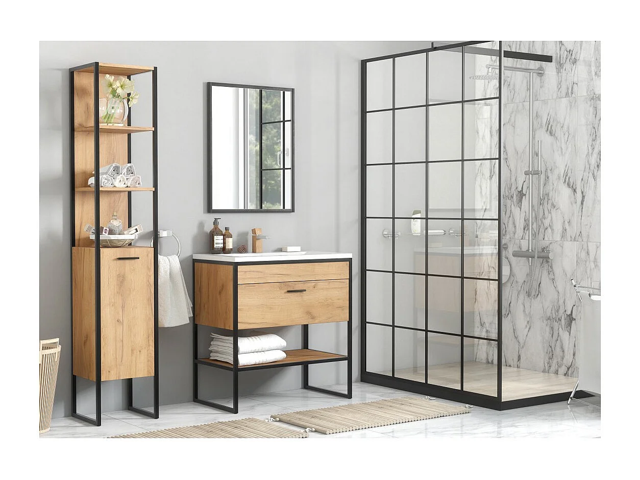 Meuble sous vasque ONIL – 2 portes – Chêne clair et noir – Style industriel – L80 cm