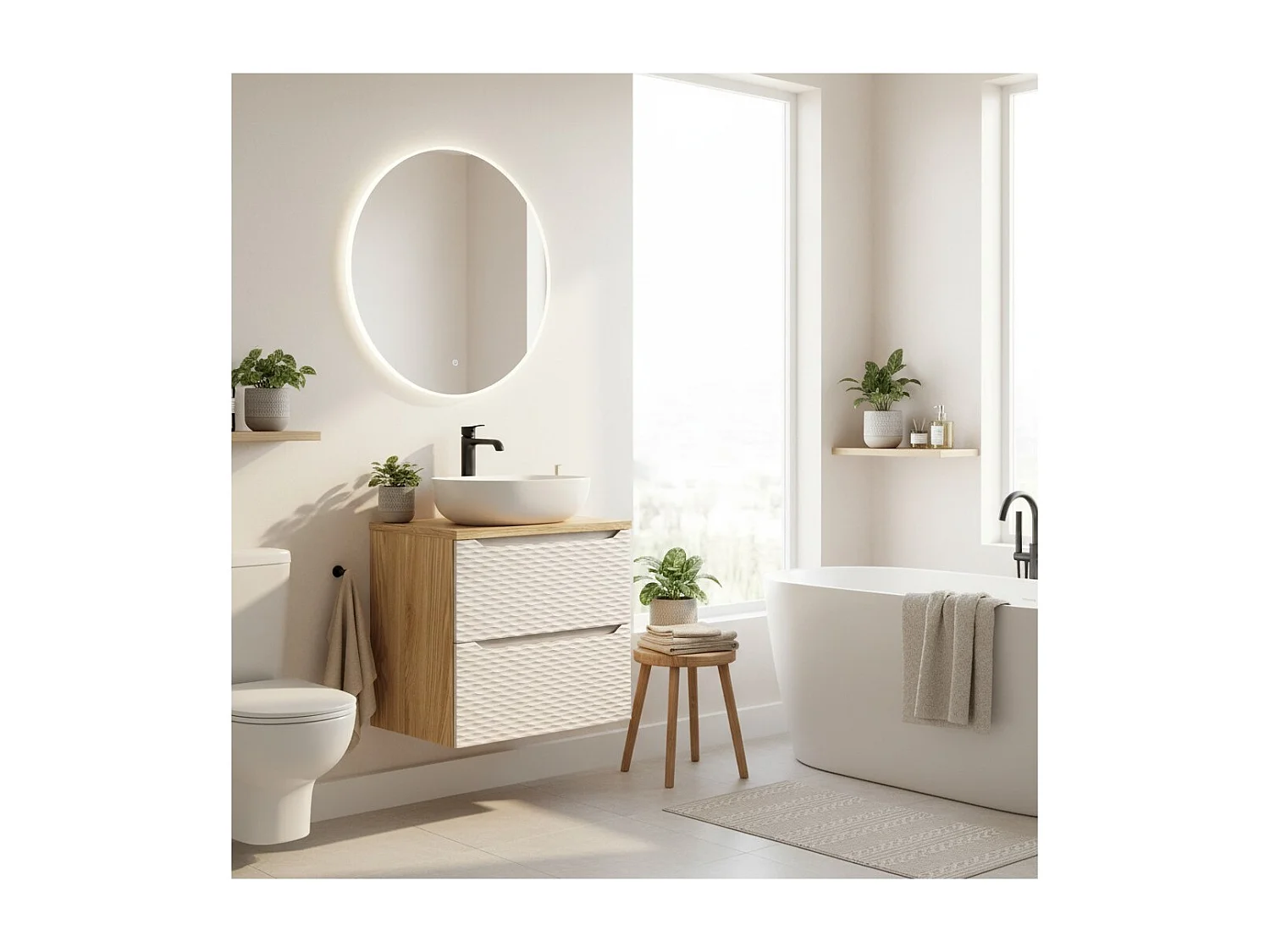 Ensemble de salle de bain YOKA beige : meuble sous vasque à tiroirs 60 cm + plan vasque