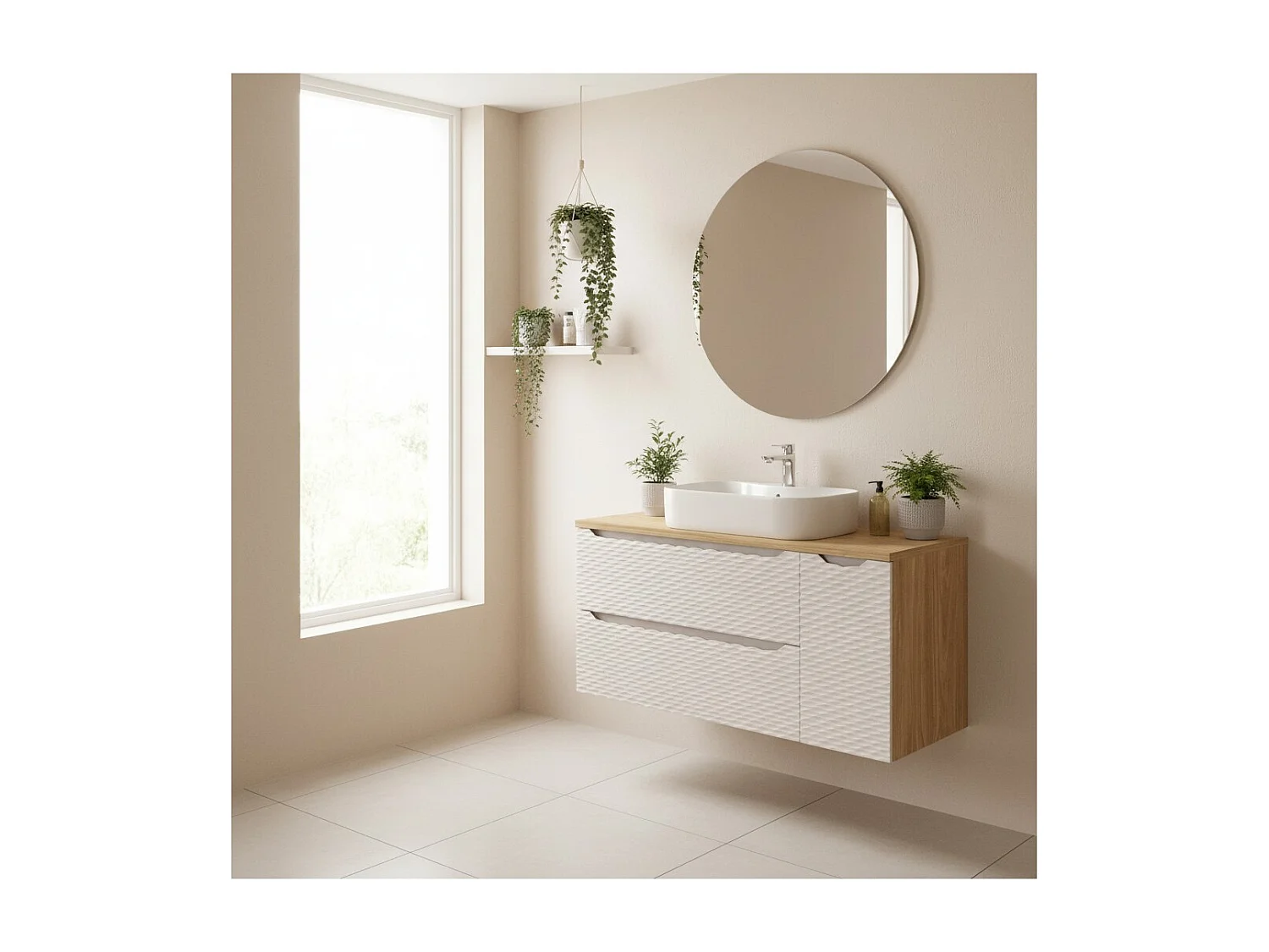 Conjunto de baño YOKA beige: mueble bajo lavabo con cajones y armario de 120 cm + encimera de lavabo
