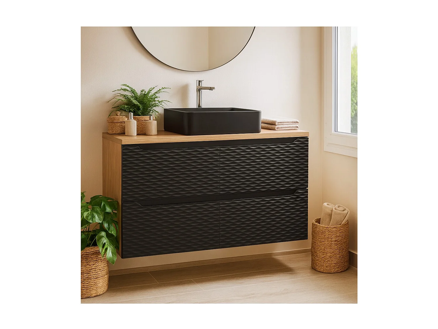 Ensemble de salle de bain YOKA noir : meuble sous vasque à tiroirs 90cm + plan vasque