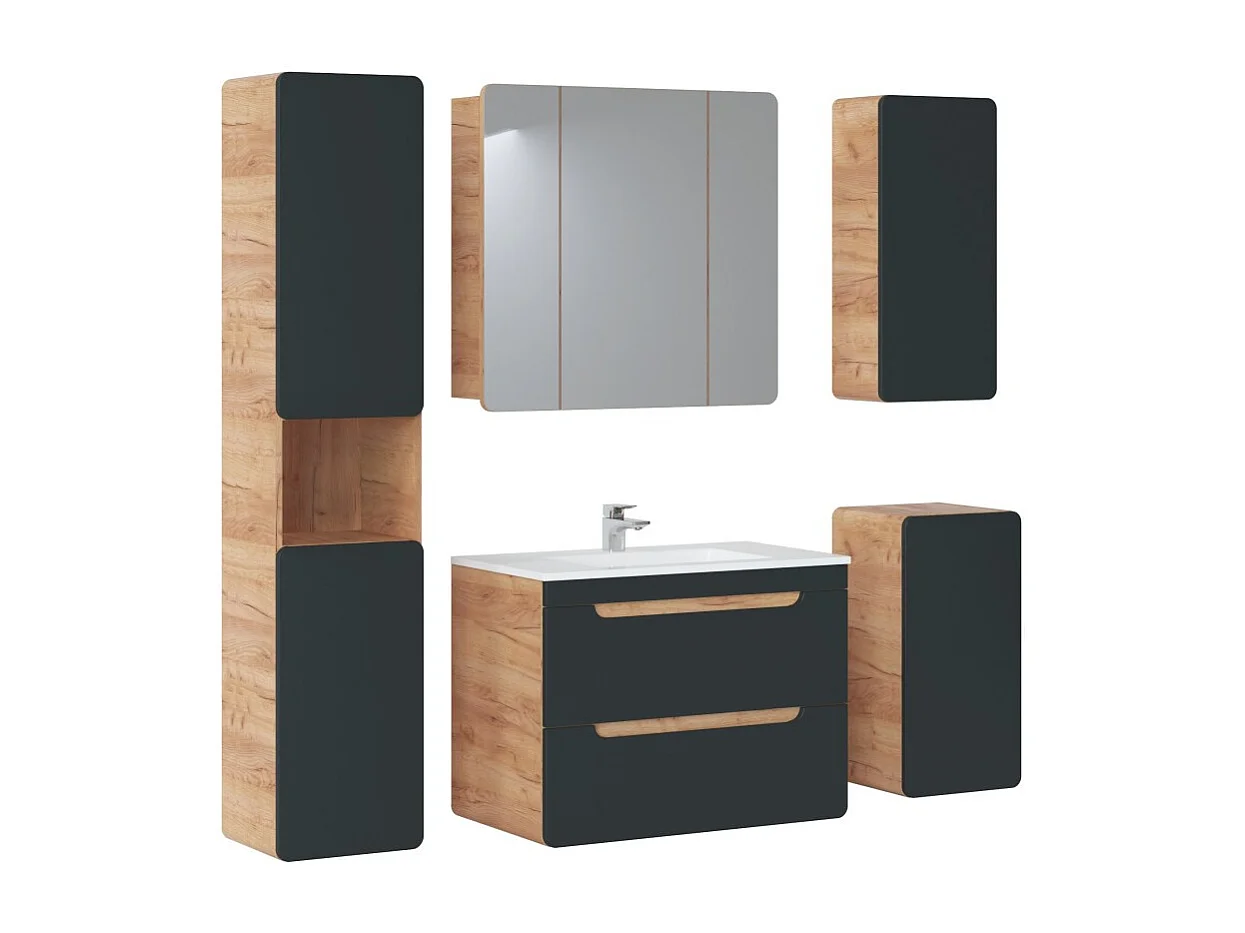 Mobile sotto lavabo ERBANO – 2 cassetti – 80 cm – Colori rovere chiaro e grigio antracite – Da appendere