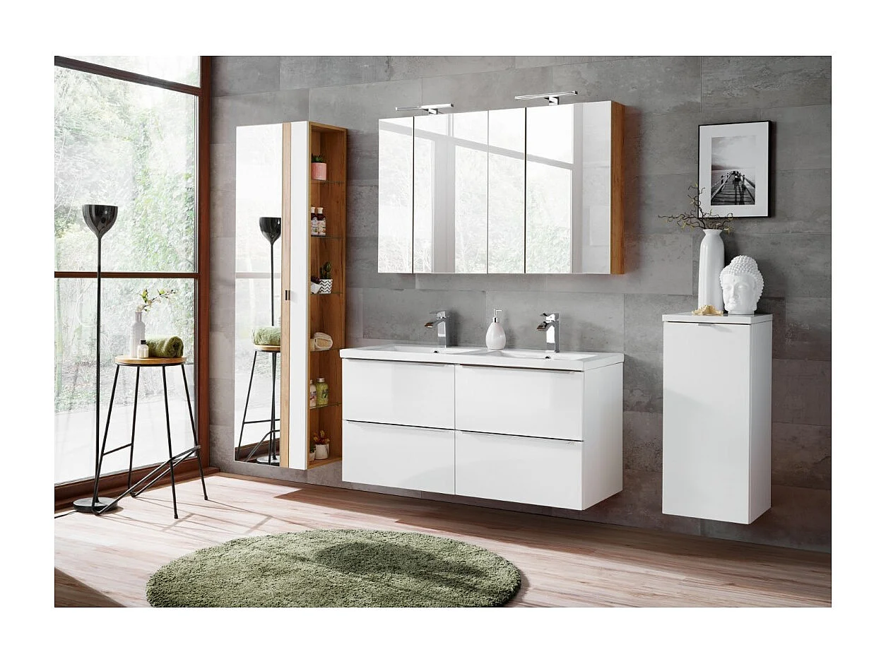 Meubel onder wastafel NALYA 60 cm - Hoogglans wit en licht eiken - Hangend ontwerp