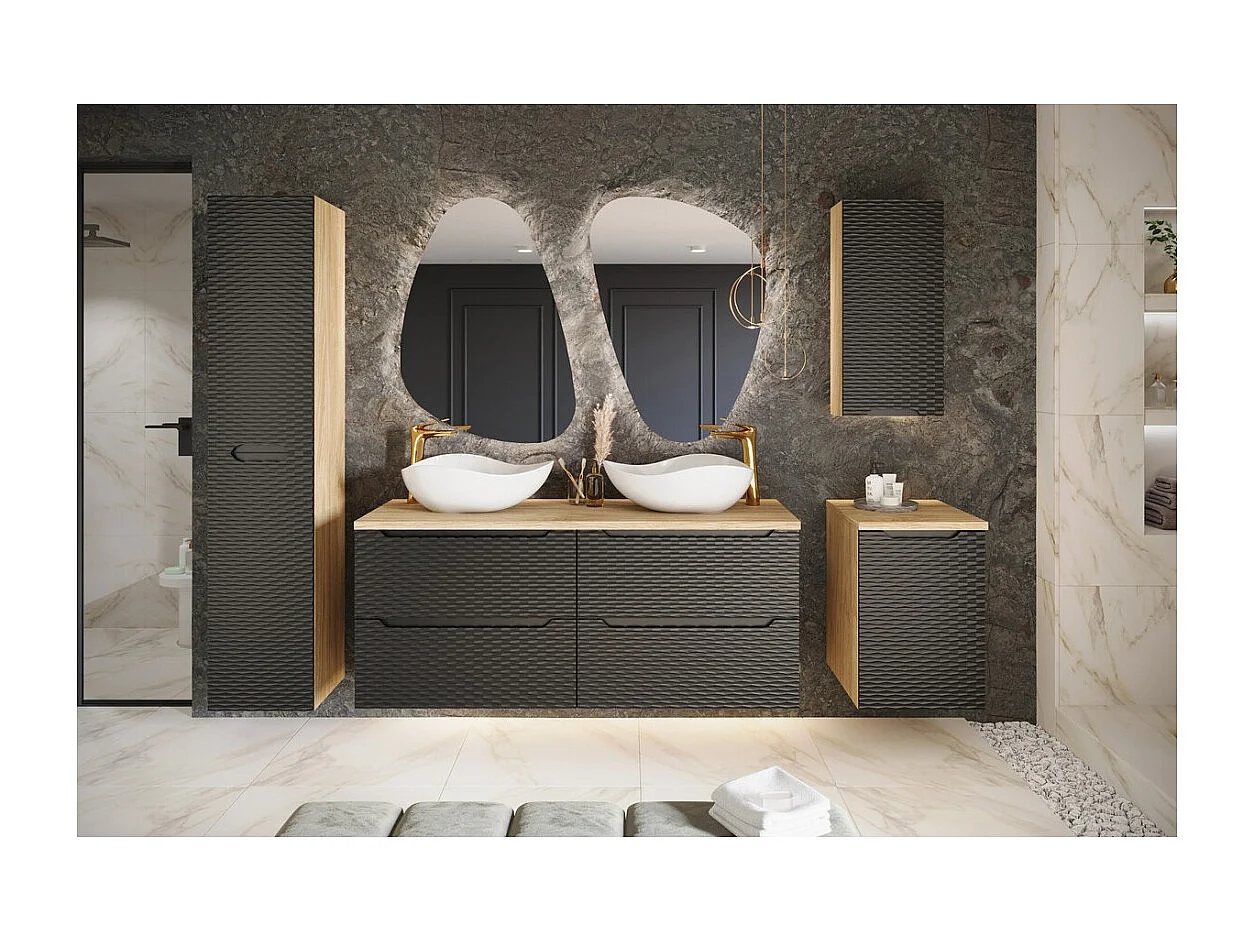 Meubel onder wastafel YOKA – 2 laden – Licht eiken en zwart – L70 × B46 × H57 cm – Om op te hangen