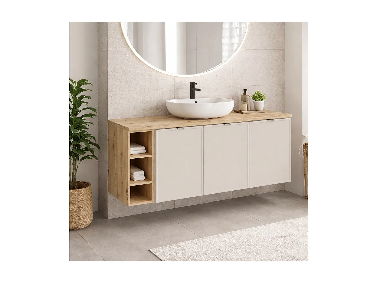 Ensemble de salle de bain BRAZZA : meubles sous vasque 140cm avec niches visibles + plan pour vasque