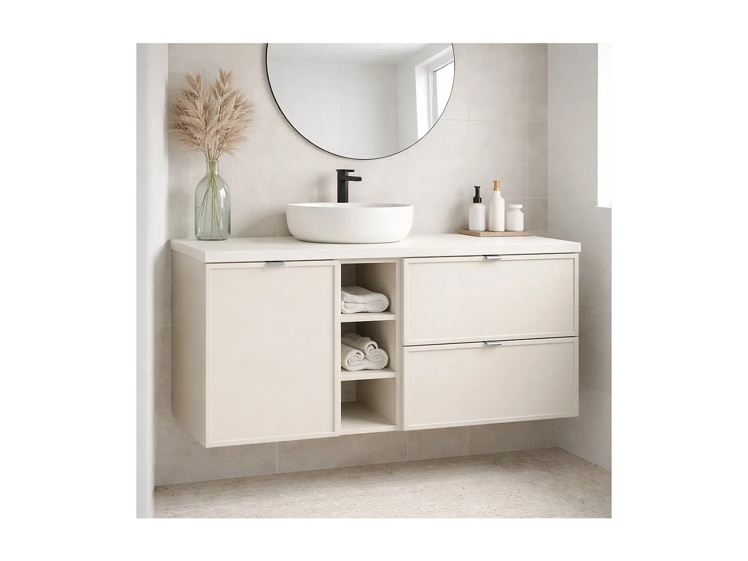 Conjunto BRAZZA: muebles bajo lavabo de 120cm con nichos visibles y cesto para la ropa + encimera para lavabo