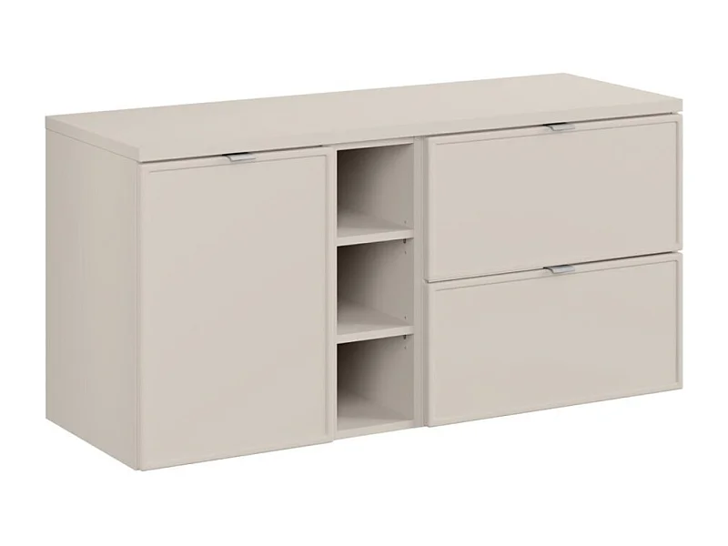 Conjunto BRAZZA: muebles bajo lavabo de 120cm con nichos visibles y cesto para la ropa + encimera para lavabo